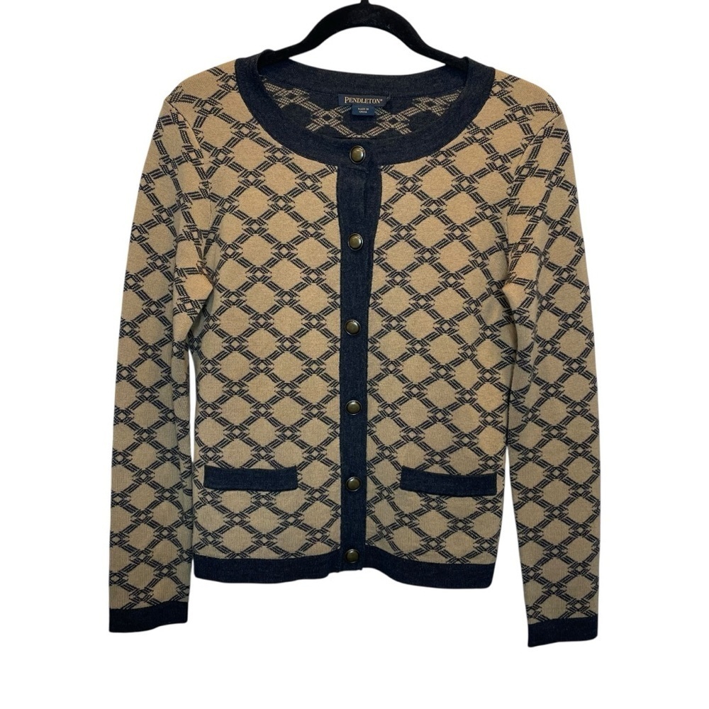 Pendleton Button Front Cardigan Sweater Brown Grey/Black Merino Wool Medium